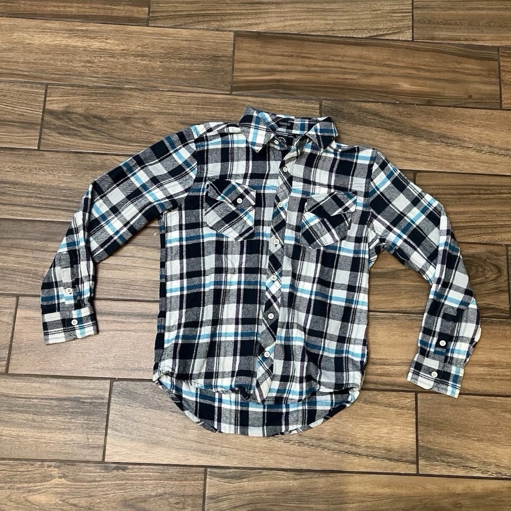 Volcom Plaid Flannel Button Up Shirt Blue Black White Men’s Small Skater